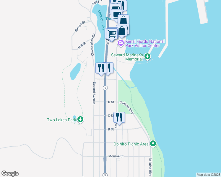 map of restaurants, bars, coffee shops, grocery stores, and more near 302 Van Buren Street in Seward