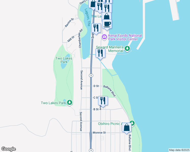 map of restaurants, bars, coffee shops, grocery stores, and more near 302 Van Buren Street in Seward