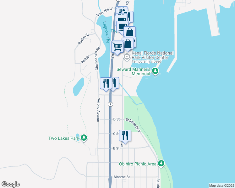 map of restaurants, bars, coffee shops, grocery stores, and more near 1101 4th Avenue in Seward