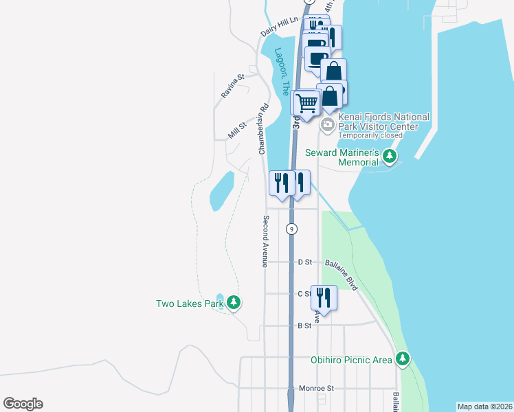 map of restaurants, bars, coffee shops, grocery stores, and more near 1103 Second Avenue in Seward
