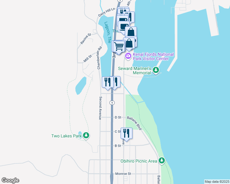 map of restaurants, bars, coffee shops, grocery stores, and more near 302 Van Buren Street in Seward