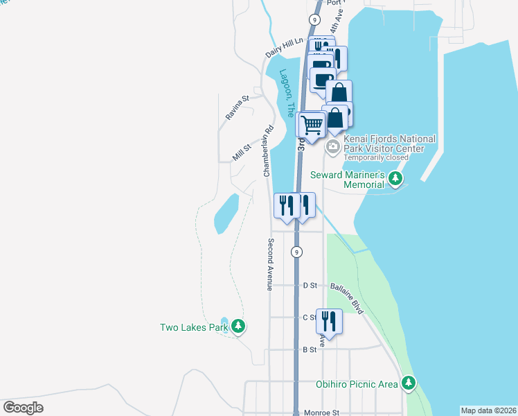 map of restaurants, bars, coffee shops, grocery stores, and more near 1103 Second Avenue in Seward