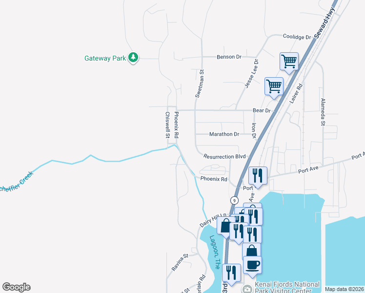 map of restaurants, bars, coffee shops, grocery stores, and more near 1621 Resurrection Boulevard in Seward