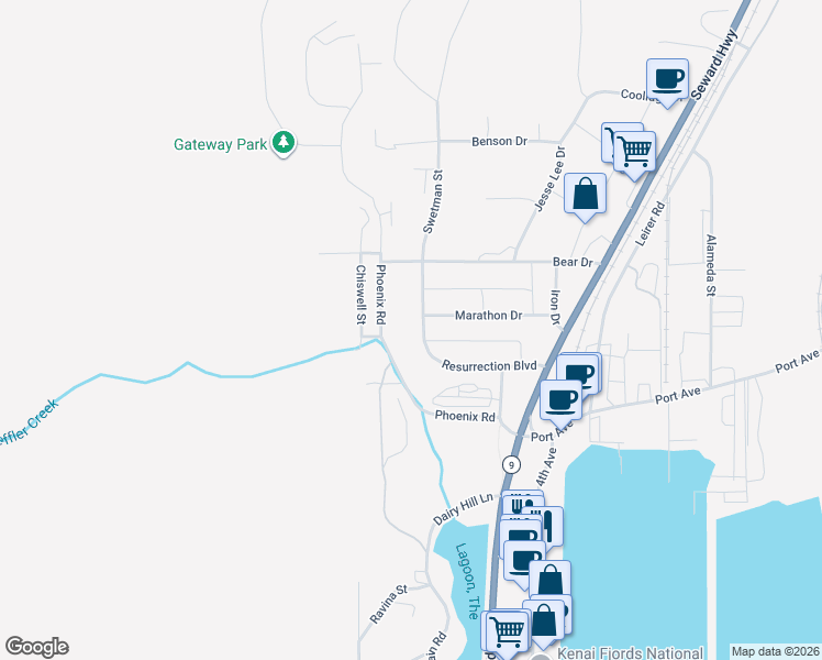 map of restaurants, bars, coffee shops, grocery stores, and more near 1621 Resurrection Boulevard in Seward