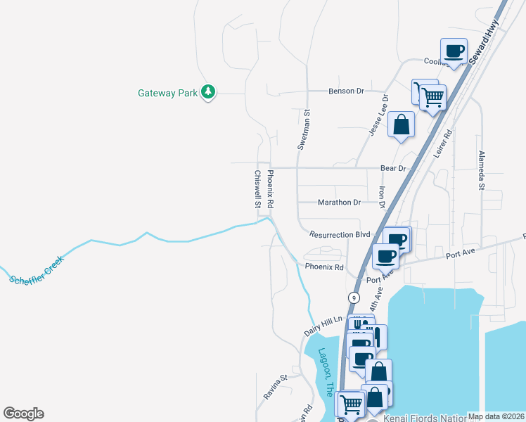 map of restaurants, bars, coffee shops, grocery stores, and more near 1701 Phoenix Road in Seward