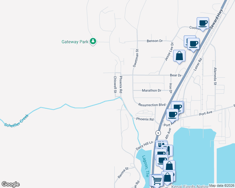 map of restaurants, bars, coffee shops, grocery stores, and more near 1701 Phoenix Road in Seward