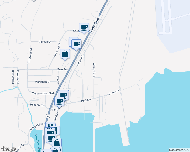 map of restaurants, bars, coffee shops, grocery stores, and more near 1806 Alameda Road in Seward