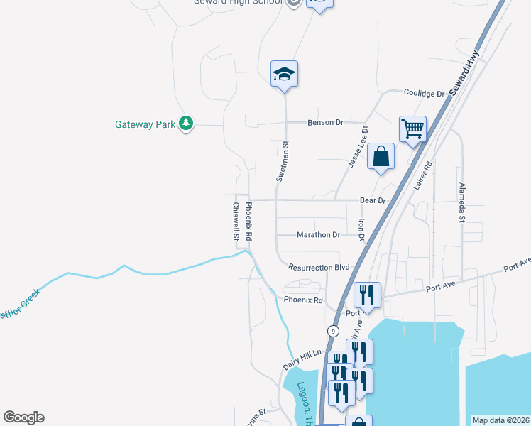 map of restaurants, bars, coffee shops, grocery stores, and more near 1801 Swetmann Drive in Seward