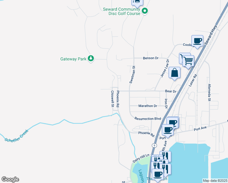 map of restaurants, bars, coffee shops, grocery stores, and more near 1721 Phoenix Road in Seward