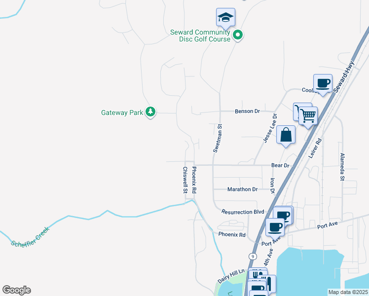 map of restaurants, bars, coffee shops, grocery stores, and more near 1721 Phoenix Road in Seward