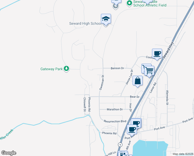 map of restaurants, bars, coffee shops, grocery stores, and more near 1821 Swetman Street in Seward