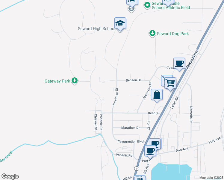map of restaurants, bars, coffee shops, grocery stores, and more near 1821 Swetman Street in Seward