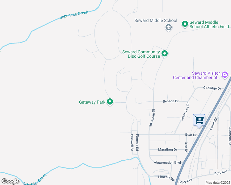 map of restaurants, bars, coffee shops, grocery stores, and more near 2009 Rush Loop in Seward