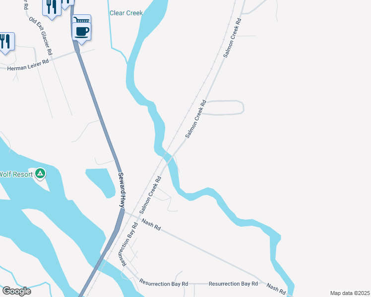 map of restaurants, bars, coffee shops, grocery stores, and more near 11608 Salmon Creek Road in Seward
