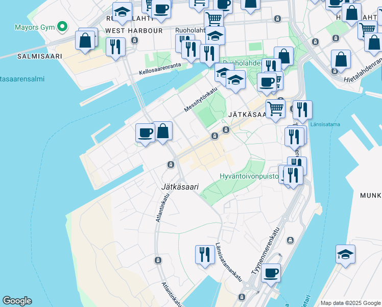 map of restaurants, bars, coffee shops, grocery stores, and more near 2 Malagankatu in Helsinki