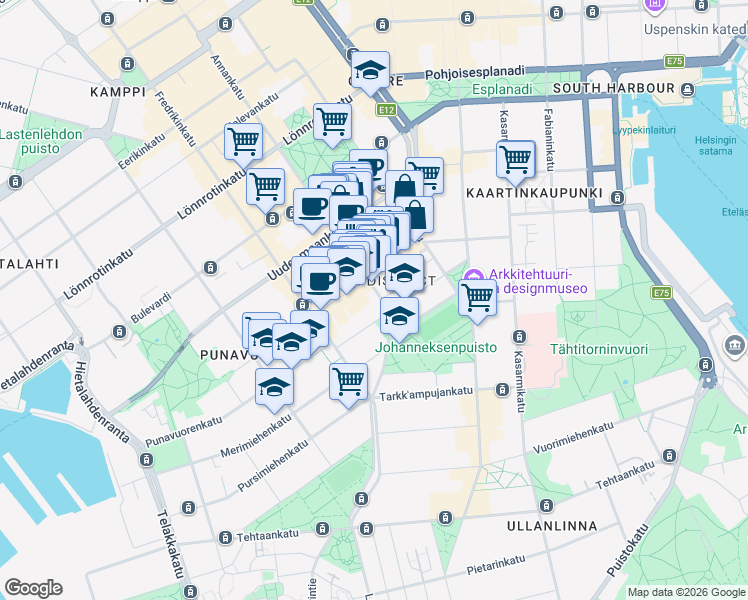 map of restaurants, bars, coffee shops, grocery stores, and more near in Helsinki
