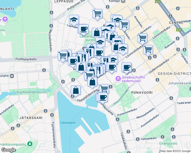 map of restaurants, bars, coffee shops, grocery stores, and more near 37 Lönnrotinkatu in Helsinki