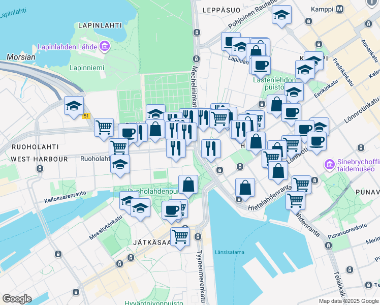map of restaurants, bars, coffee shops, grocery stores, and more near in Helsinki