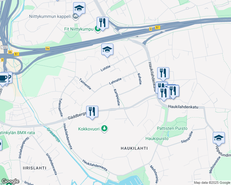 map of restaurants, bars, coffee shops, grocery stores, and more near 4 Kampelatie in Espoo