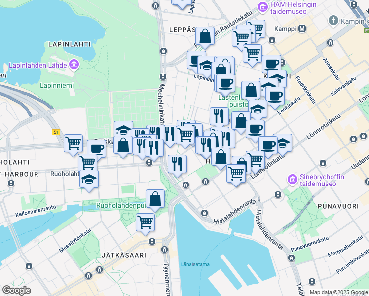 map of restaurants, bars, coffee shops, grocery stores, and more near in Helsinki