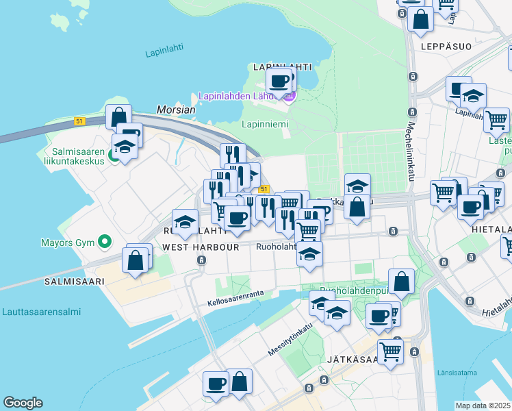 map of restaurants, bars, coffee shops, grocery stores, and more near in Helsinki