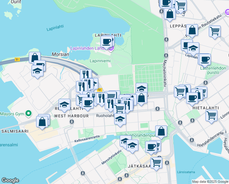 map of restaurants, bars, coffee shops, grocery stores, and more near in Helsingfors