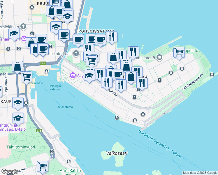 map of restaurants, bars, coffee shops, grocery stores, and more near 3 Kanavakatu in Helsinki