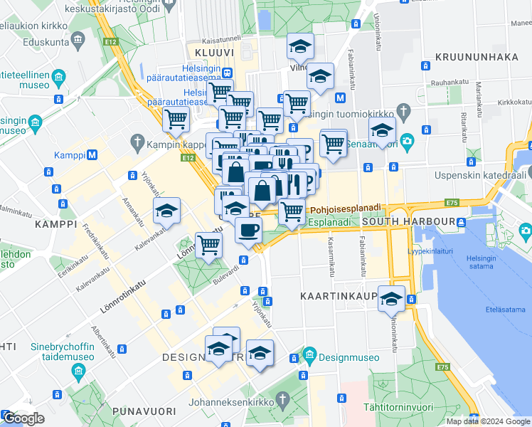 map of restaurants, bars, coffee shops, grocery stores, and more near 39 Pohjoisesplanadi in Helsinki