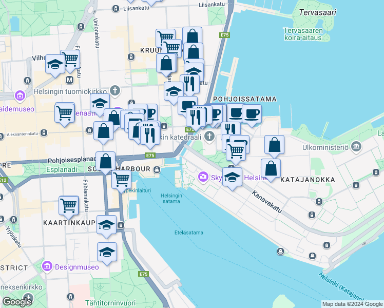 map of restaurants, bars, coffee shops, grocery stores, and more near in Helsingfors