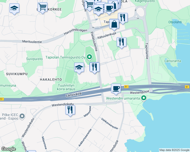 map of restaurants, bars, coffee shops, grocery stores, and more near 2 Tuulikuja in Espoo