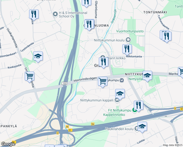 map of restaurants, bars, coffee shops, grocery stores, and more near 4 Rälssitilankuja in Espoo