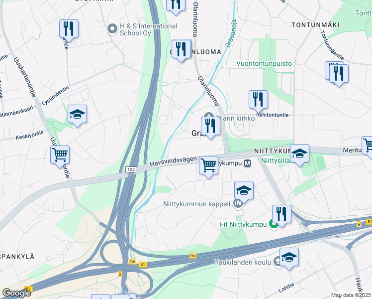 map of restaurants, bars, coffee shops, grocery stores, and more near 4 Rälssitilankuja in Espoo