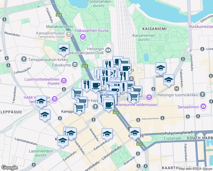 map of restaurants, bars, coffee shops, grocery stores, and more near in Helsinki