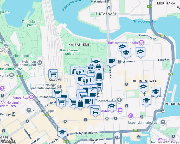 map of restaurants, bars, coffee shops, grocery stores, and more near 24 Vuorikatu in Helsinki