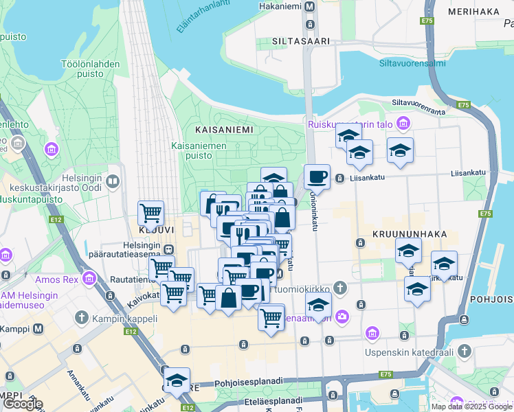 map of restaurants, bars, coffee shops, grocery stores, and more near 24 Vuorikatu in Helsinki