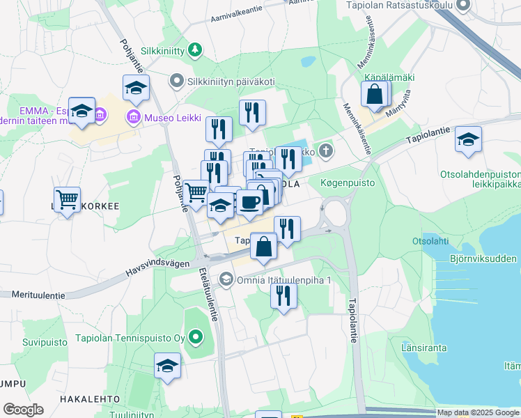 map of restaurants, bars, coffee shops, grocery stores, and more near in Espoo