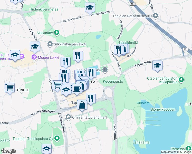 map of restaurants, bars, coffee shops, grocery stores, and more near 3 Tapionaukio in Espoo