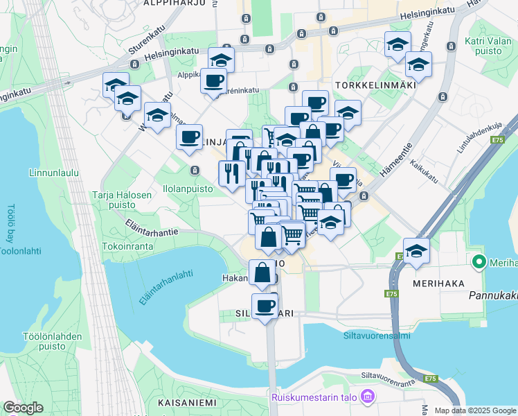 map of restaurants, bars, coffee shops, grocery stores, and more near 22 Siltasaarenkatu in Helsinki