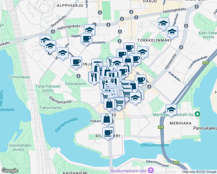 map of restaurants, bars, coffee shops, grocery stores, and more near 13 Siltasaarenkatu in Helsinki