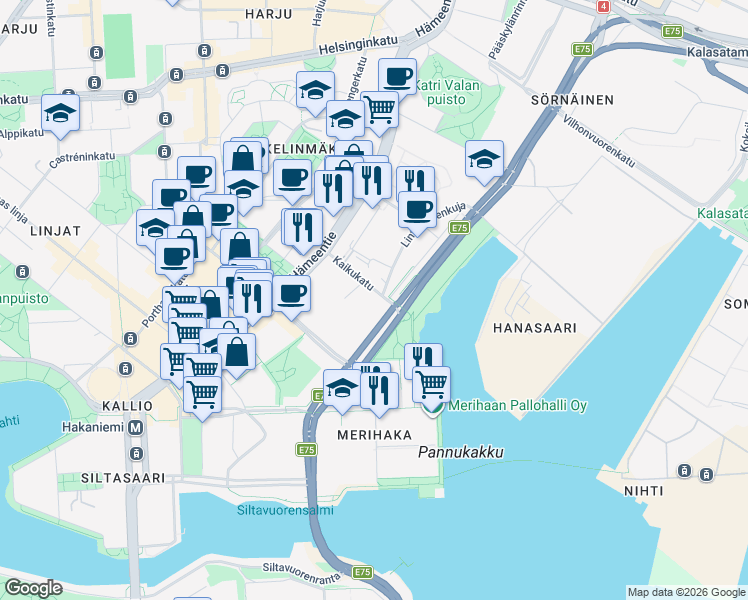 map of restaurants, bars, coffee shops, grocery stores, and more near in Helsinki