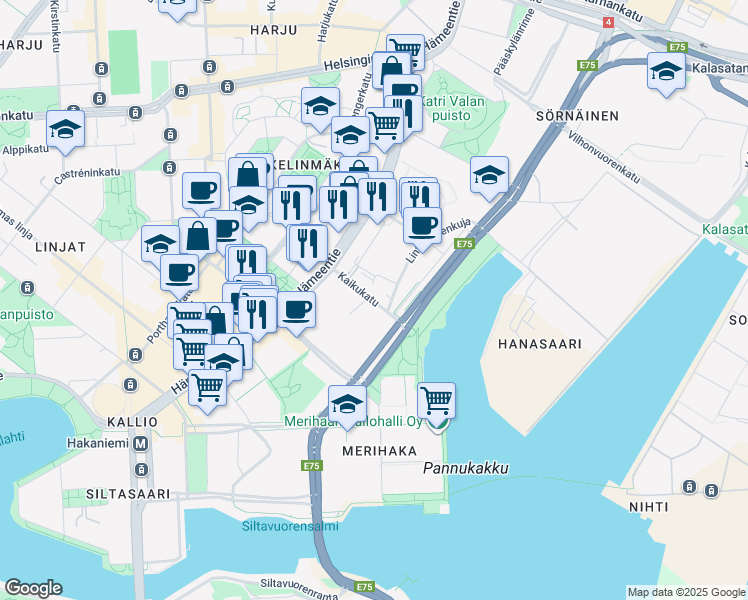 map of restaurants, bars, coffee shops, grocery stores, and more near in Helsinki