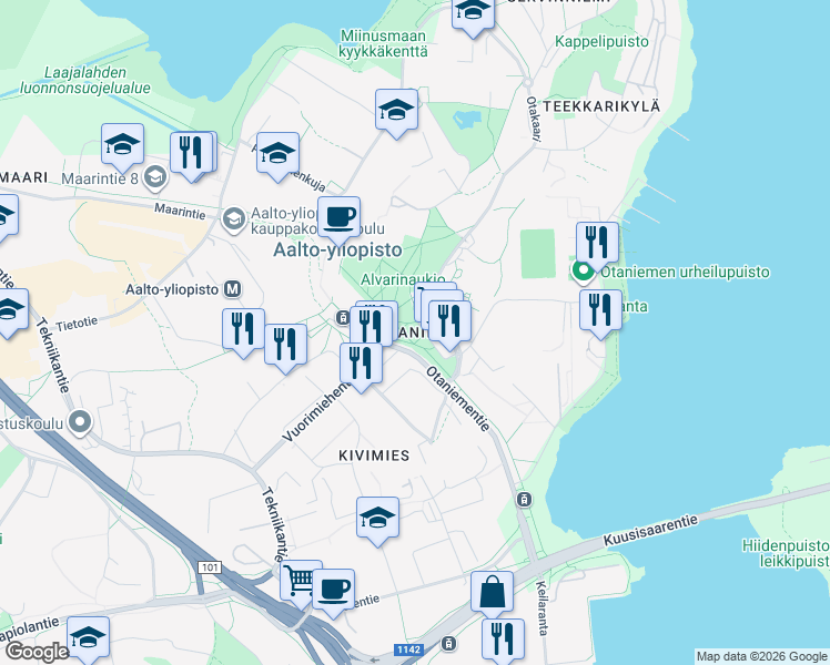 map of restaurants, bars, coffee shops, grocery stores, and more near in Espoo