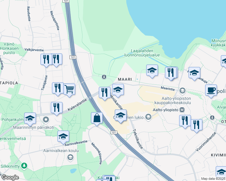 map of restaurants, bars, coffee shops, grocery stores, and more near 21 Tekniikantie in Espoo