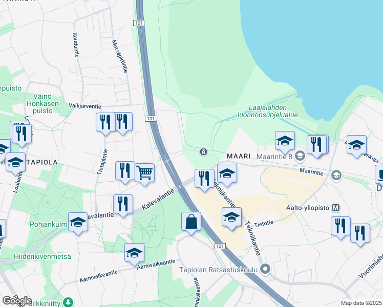 map of restaurants, bars, coffee shops, grocery stores, and more near 4 Maarinrannantie in Espoo