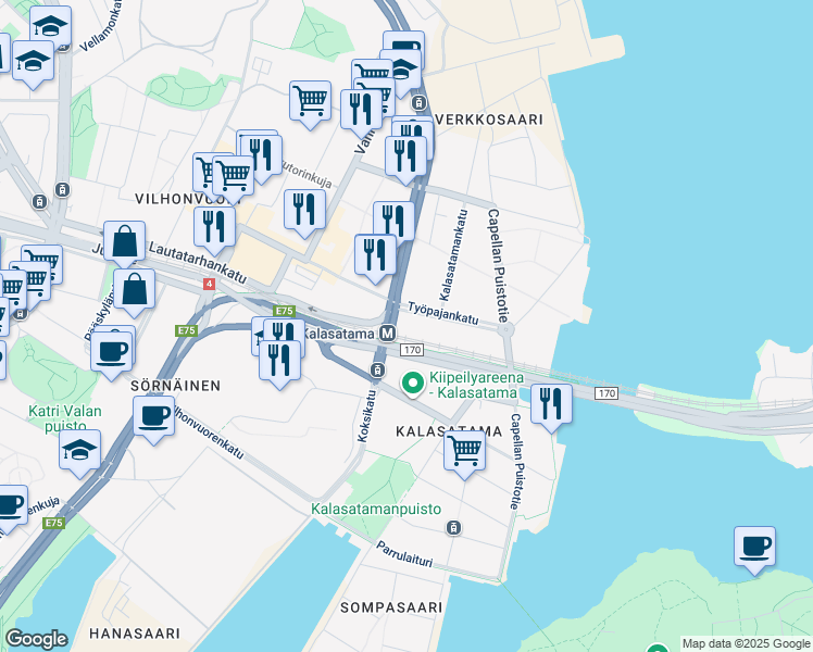 map of restaurants, bars, coffee shops, grocery stores, and more near 9 Hermannin rantatie in Helsinki