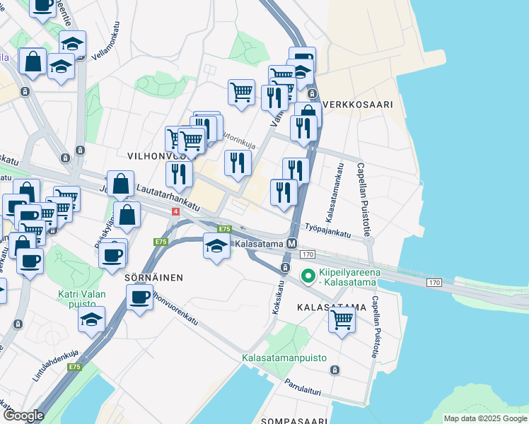 map of restaurants, bars, coffee shops, grocery stores, and more near 6 A Työpajankatu in Helsinki