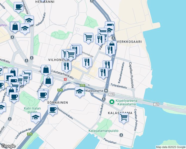 map of restaurants, bars, coffee shops, grocery stores, and more near 6a Työpajankatu in Helsinki