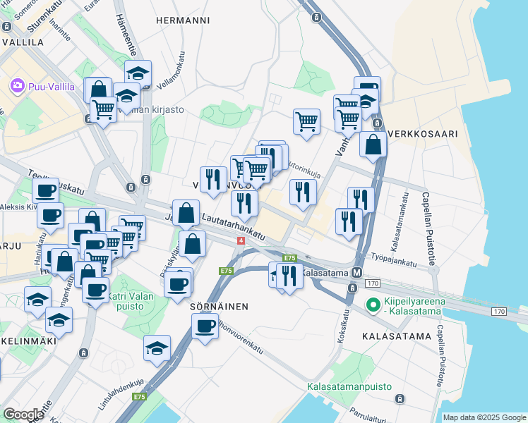 map of restaurants, bars, coffee shops, grocery stores, and more near 1 Tynnyrintekijänkatu in Helsinki