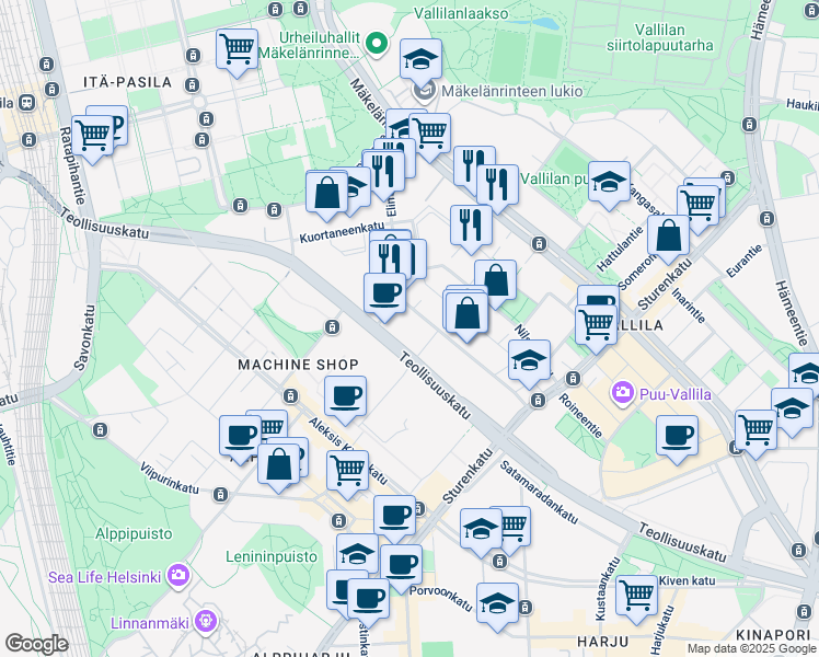 map of restaurants, bars, coffee shops, grocery stores, and more near in Helsingfors