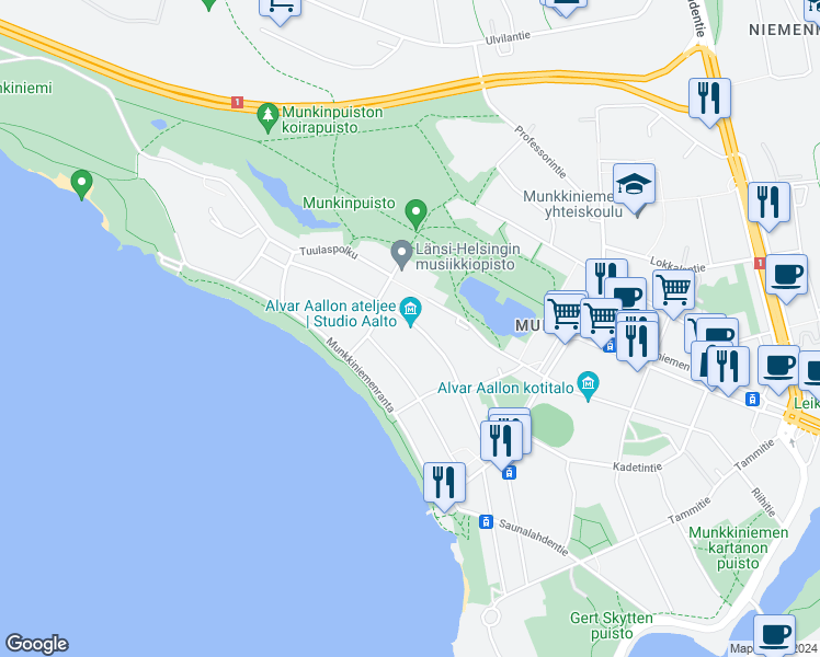 map of restaurants, bars, coffee shops, grocery stores, and more near in Helsinki
